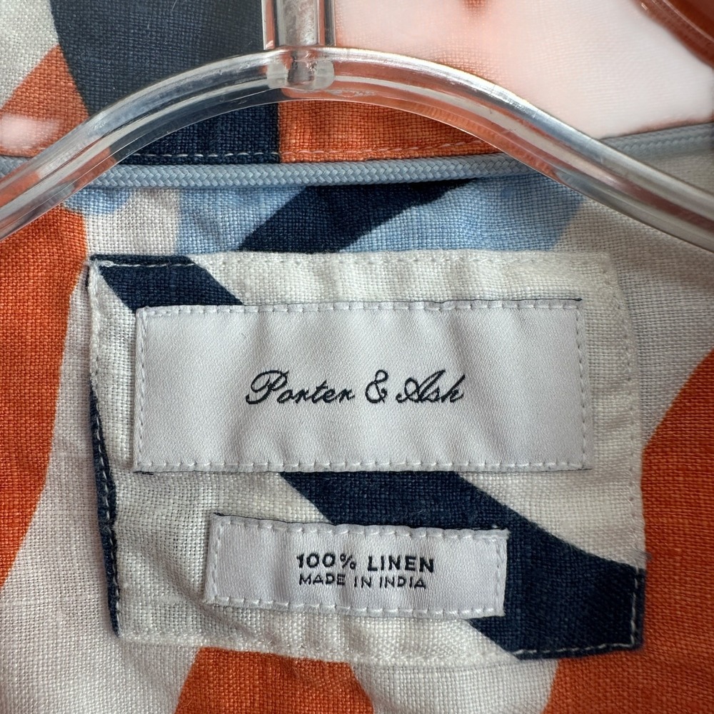 Porter & Ash Mens 100% Linen Shirt Abstract Blue Orange Summer Vacation Resort M - Picture 4 of 5
